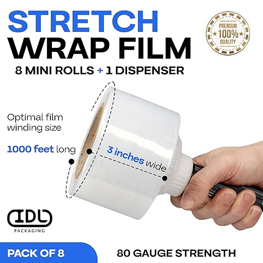 IDL Packaging F-31-8 Packaging 3" x 1000' Hand Bundling Stretch Film with Reusable Handle, Clear (Pack of 8)