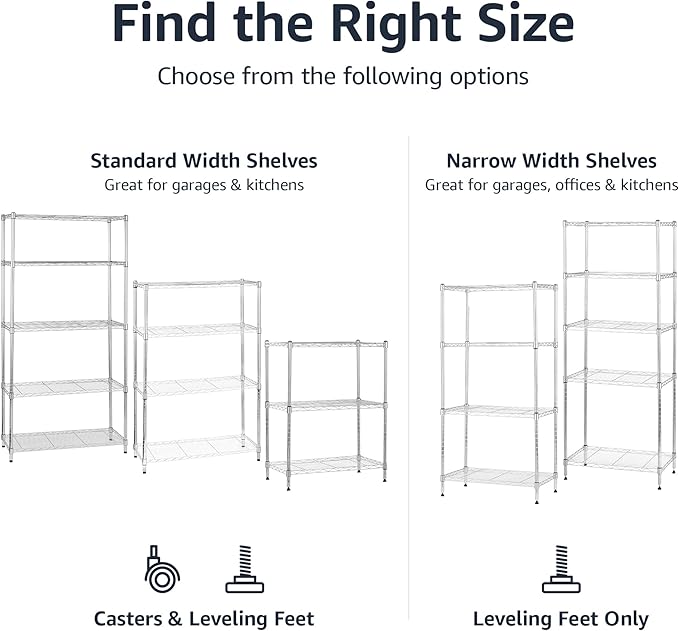 Amazon Basics 3-Shelf Adjustable, Heavy Duty Storage Shelving Unit on 2'' PP Plastic Wheel Casters, Metal Organizer Wire Rack, 23.2" L x 13.4" W x 32.75" H, Chrome