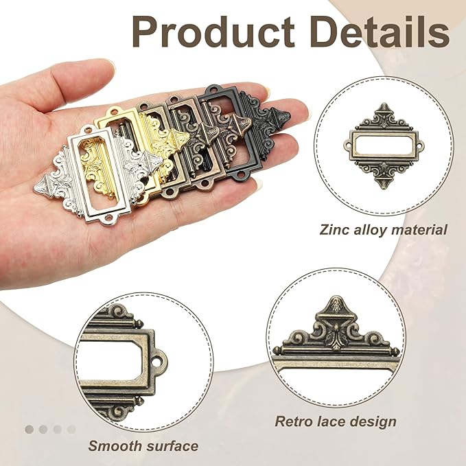 uxcell 5 Pcs Metal Label Holder, 2.2 x 2.4 Inch Small Vintage Card Frame Tag Floral Lace Label Holder with Screws for File Boxes Drawers Door Cabinet Book Shelves, Bronze Green