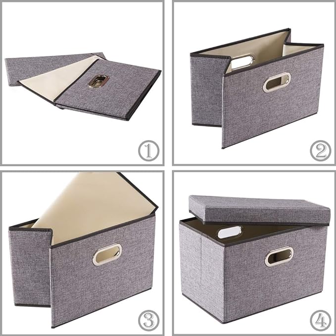 PRANDOM Collapsible Storage Containers with Lids [5-Pack] Linen Fabric Foldable Storage Bins Boxes Organizer Baskets Cube with Cover for Home Bedroom Closet Office Nursery (14.9x9.8x9.8)
