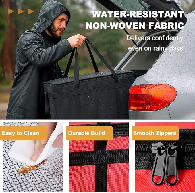 XXXL Insulated Food Delivery Bag - Reusable Thermal Cooler Grocery Bags for Catering&Delivery, Pizza Carrier for Events, Large Capacity Bag Keeps Food Hot/Cold for Shopping, Commercial (Red with Base)