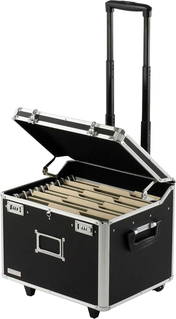 Vaultz Portable File Storage Box with Handle - 14.5" x 17.5" x 15.5" Letter/Legal Size Mobile Lock Box - Double Combination Locking Cabinet - Black