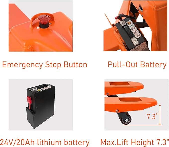Tory Carrier Classic Electric Power Lithium Battery Pallet Truck/Jack 3300lb Capacity 48" x27" Fork Length Used in Indoor Storage and Handling-Orange Style 2PC