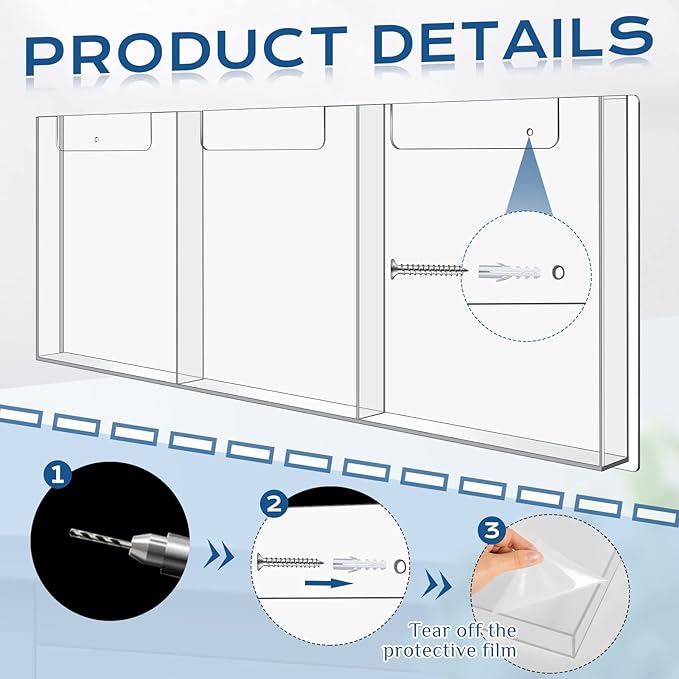 Sherr 2 Pcs Acrylic Brochure Holder Wall Mount, 8.5 x 11 Inches Clear Hanging Flyer Display Holder Plastic Pamphlet Stand for Magazine, Booklet, Bookmark (Three-slot)
