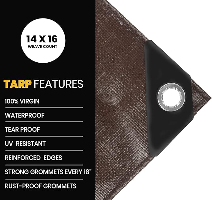PROTARP Extra Heavy Duty 16 Mil Tarp Cover, Waterproof, UV Resistant, Rip and Tear Proof, Poly Tarpaulin with Reinforced Edges for Roof, Camping, Patio, Pool, Boat. (Brown/Black 40′ X 60′)