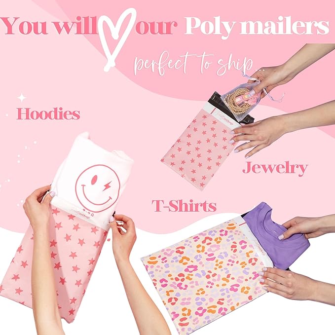 6x9 Designer Poly Mailer 100 Pack Heavy Duty Waterproof Self Seal Shipping Bags for Small Business Large Mailing Envelopes Bulk Tear Resistant Cute Packaging Seeing Stars Pink