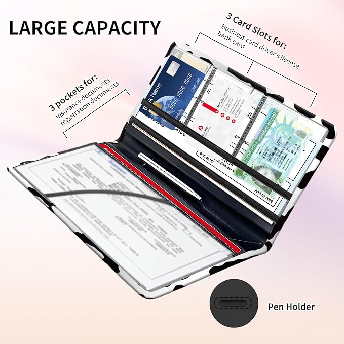 Premium Car Registration and Insurance Card Holder, Cute PU Leather Car Document Holder, Vehicle Glove Box Car Organizer with Magnetic Closure for Driver License, Cards Black White Cow Print
