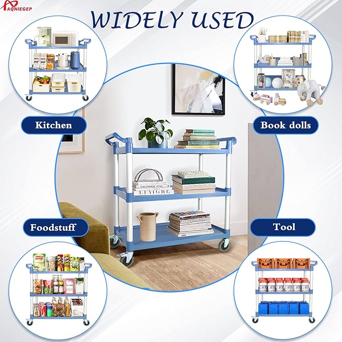 AQNIEGEP Utility Carts with Wheels, Large Food Kitchen Cart Heavy Duty, Rolling Service Cart w/Hammer for Restaurant, Office, Commercial, 600lbs Capacity, Lockable Wheels, 3-Tier