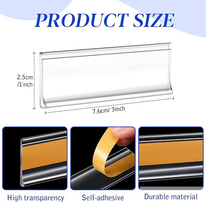 Yexiya 150 Pieces 3 x 1 Inch Clear Plastic Self Adhesive Label Holders Clear Shelf Tag Price Label Holders Bulk with Paper Inserts for Supermarket School Library Bookshelves Mailbox Storage Bins