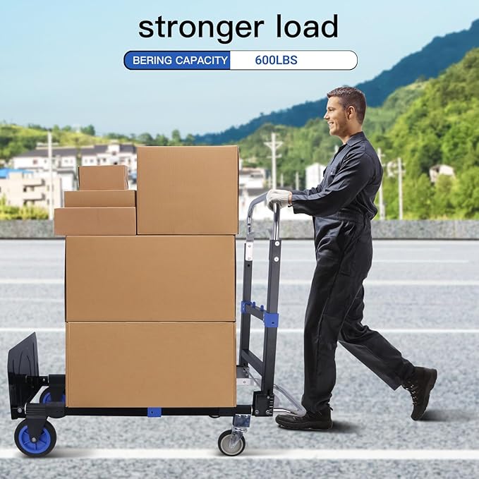 3 in1 Heavy Duty Convertible Hand Truck Dolly Cart, Folding Trolley Cart with Wheels, 600lbs Capacity for Transport Moving in Warehouse, Supermarket, Equipment (Blue)