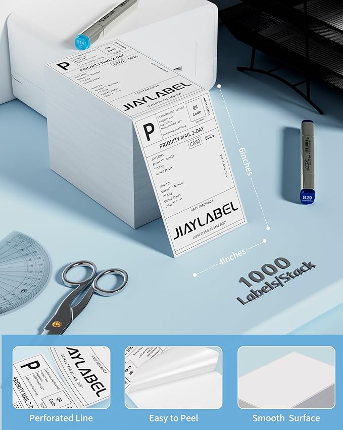 4x6 Thermal Shipping Label Paper for Thermal Label Printer Fanfold Printable USPS Address Mailing Stickers Big Packing White 1000 Labels/Stack, 2 Stacks, Total 2000PCS