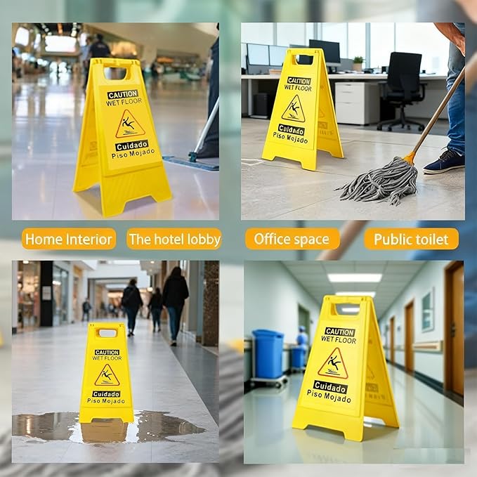 2 Pack Caution Wet Floor Sign, 24" Height, Bright Yellow, Double-Sided A-Frame Safety Caution Sign Commercial, Bilingual Caution Message