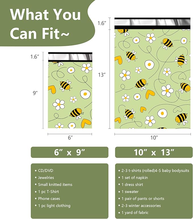 Poly Mailers 10x13 Inch 100 Pcs - Bee printed Shipping Bags, 2.4mil Thickness, Waterproof and Tear Resistant Mailing Envelopes, Self-Sealing Packaging Bags for Small Business