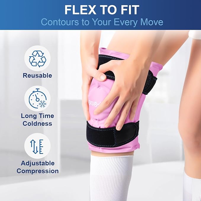APEXUP Ice Pack for Knee Pain Relief, Large Reusable Wrap After Surgery, Flexible Gel Cold Pack for Injuries, Pain Relief for Back, Shoulder, Elbow, Ankle and Leg (Pink, L, 2PK)
