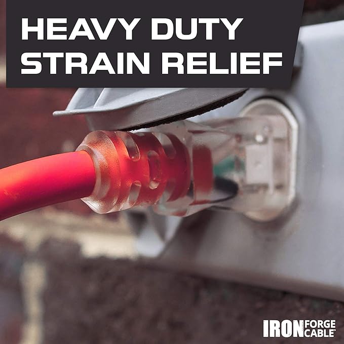 Iron Forge Cable 10 ft Lighted Outdoor Extension Cord - 12/3 SJTW Red 10 ft Extension Cord Heavy Duty with 3 Prong 15 AMP Grounded Plug for Safety