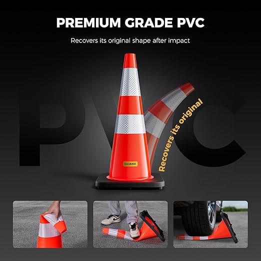 6 Pack 28 Inch Traffic Cones with Black Base, from -22℉ to 131℉, MUTCD-Compliant Orange Safety Cone with Reflective Collar ＆ Extra Caution Tape for Parking Lot, Construction Work, Road Safety