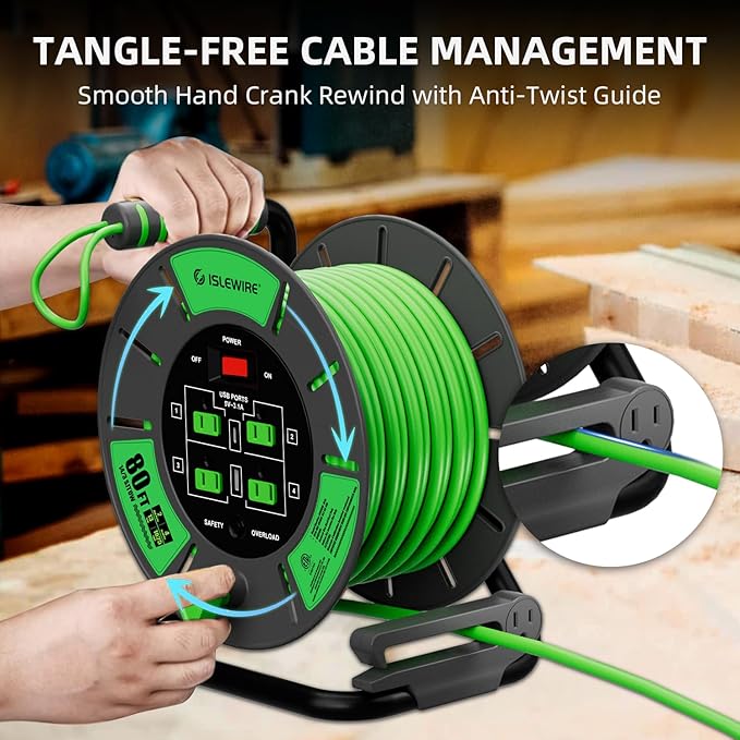 Retractable Extension Cord Reel 80 FT, 14AWG SJTOW Heavy Duty Power Cord with 4 Grounded Outlets, USB-A & USB-C Ports, 13A Circuit Breaker, Hand Crank for Indoor Outdoor Use, ETL Listed, Green