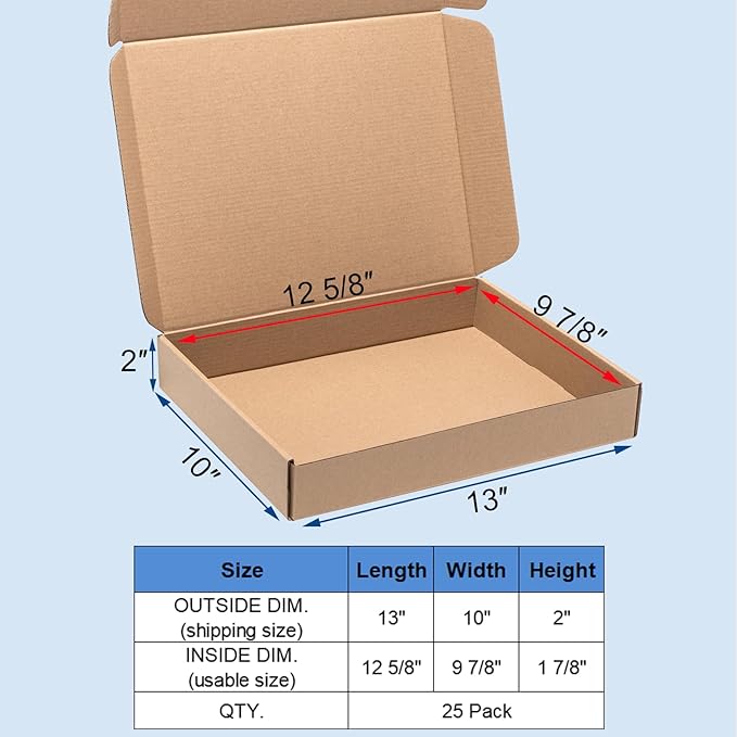 Brown Shipping Boxes 13x10x2" 25 Pack - Corrugated Cardboard Box Mailers for Small Business, Kraft Medium Literature Mailer Packaging Supplies Brown