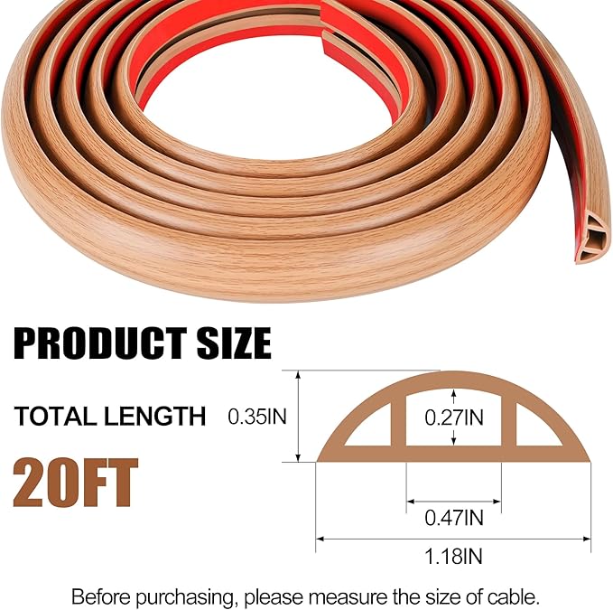 MYFAMIREA 20FT Floor Cord Cover for Wire Self Adhesive Cable Cavity Management PVC Extension Cord Hider Power Floor Wire Protector Cover Prevent Cable Trip for Office Home Outdoor (Brown Wood, 1.18'')