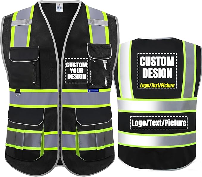 BeautyWill ANSI Certified Custom Logo Safety Vest 8-Pockets Class2 High Visibility Reflective Vest for Men - Personalized Logo Heavy-Duty Work Vest（Black，M）