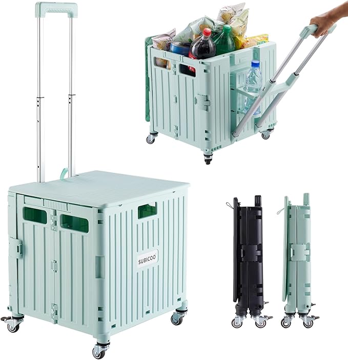 Folding Utility Cart Portable Rolling Crate Handcart Shopping Trolley Collapsible Tool Box, with Lid, on 4 Rotate Wheels, for Grocery, Shopping, Office, Camp, Teacher (Green)