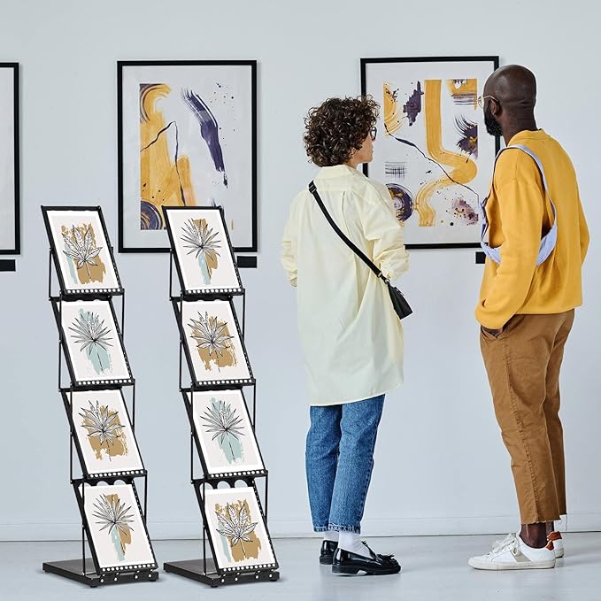 Tatuo 2 Pieces Foldable Magazine Rack Metal Catalog Literature Rack Portable 4 Pockets with Carrying Bag Brochure Stand Literature Display Holder Stand for Exhibition Trade Show