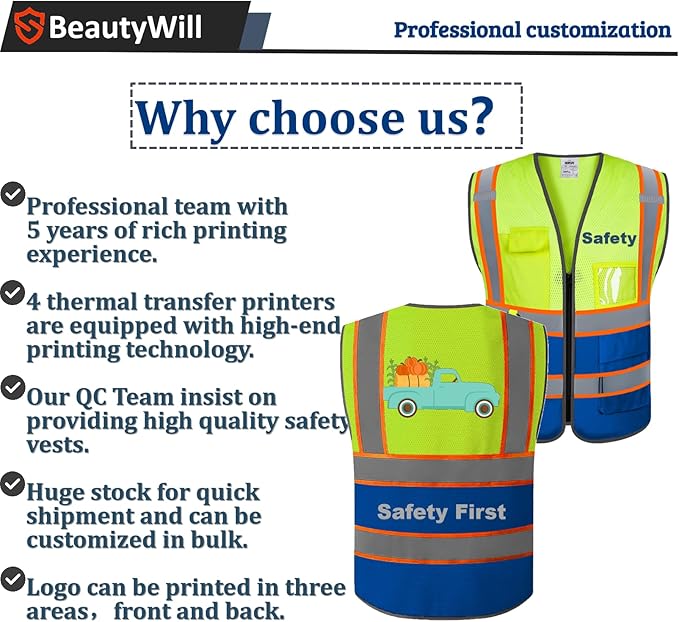 BeautyWill Custom Safety Vest Customized Logo Mesh Vest Class2 High Visibility Reflective Vest with Pockets Blue workwear（Yellow Blue，S ）