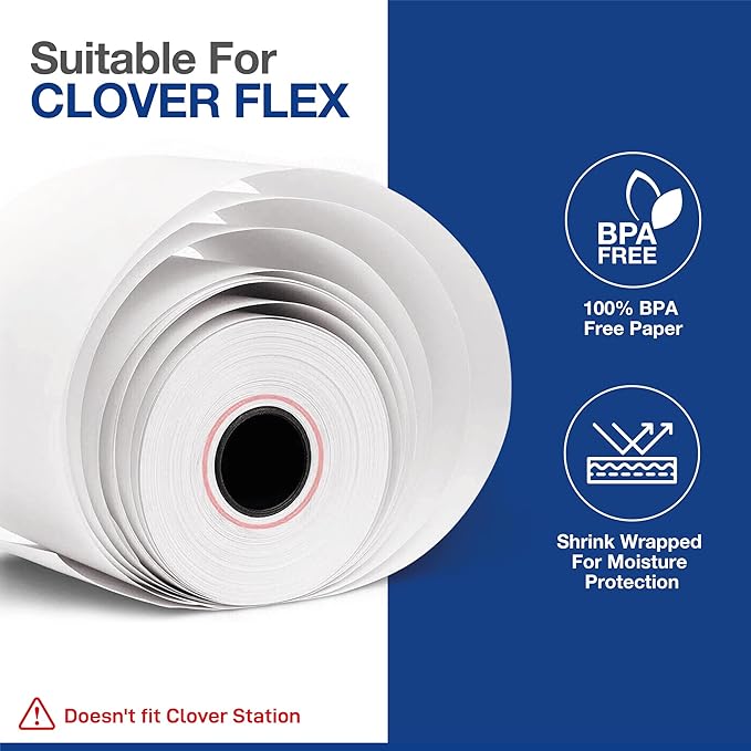 Clover Flex Paper Rolls - 10 Rolls - 2 1/4'’ x 50’- 48 GSM - Clover Flex Receipt Paper Compatible for C401, C403, C405 and C406 POS Machines - BPA Free Material