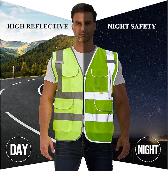 SIFE Reflective Safety Vest High Visibility Vest With 7 Pockets And YKK Zipper, ANSI/ISEA Class 2 Standard, Made With 3M Reflective Tape(03YG-Yellow,3XL)