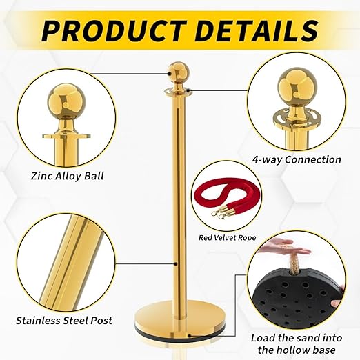 Stanchion Set, Gold Stanchion and Velvet Ropes with 4 Pcs Stainless Steel Posts and 3Pcs Red 5FT Ropes Crowd Control Barrier for Events, Weddings, Theaters, VIP Lines, Queue Management