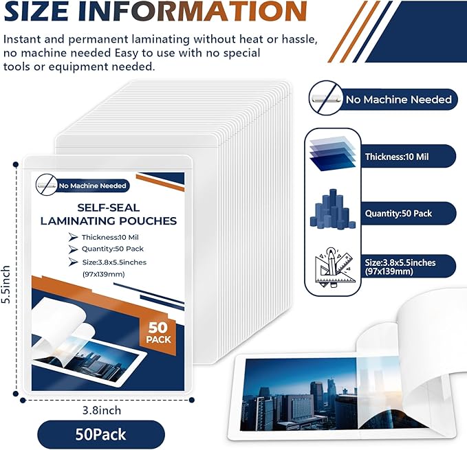 50 Pack 10 Mil 3"x5" Self Sealing Laminating Pouches Self Adhesive Lamination Pouches Clear Laminate Sheets for Photos Index Cards Office School(No Heat Laminating Sheets & No Laminator Machine Need)