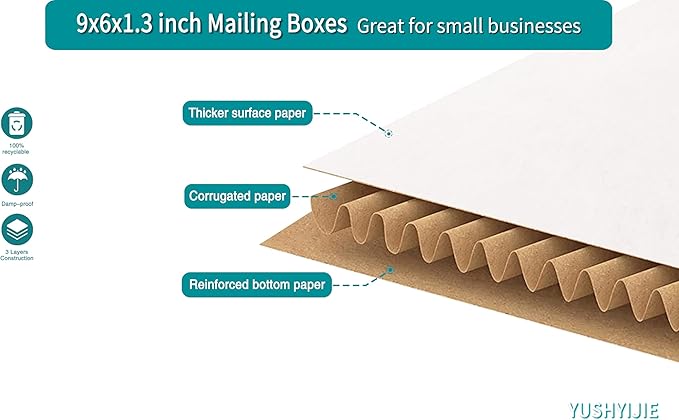 50 Pack 9x6x1.3 inch Small Shipping Boxes, Multi-Depth Flat Cardboard Boxes with Fragile Stickers for DVD Shipping, Packing, Moving, Storage, White