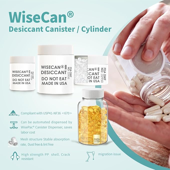 1 Gram 100 Pack Silica Gel Canister, Desiccant Canister, Silica Gel Capsules, Desiccant Capsules, Moisture Absorbers for Food Storage, Food Safe Dehumidifiers Wisecan