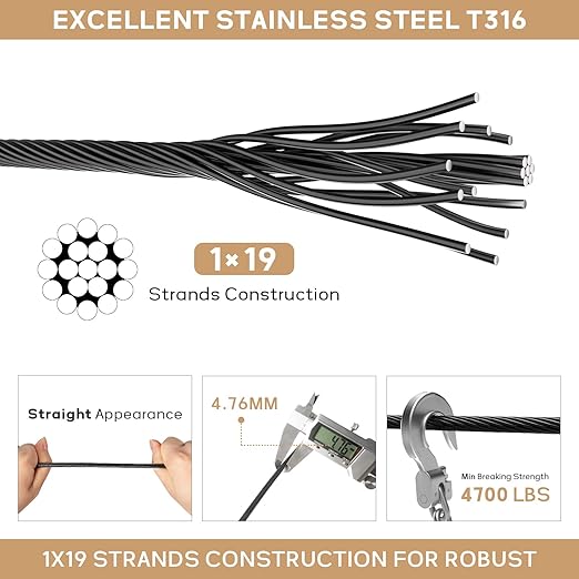 3/16" Black T316 Stainless Steel Cable, 250FT Marine Grade Black Wire Rope Aircraft Cable, 1x19 Strands for Deck Railing, Balcony, Fence, and DIY Balustrades
