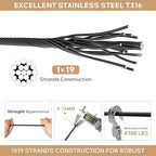 3/16" Black T316 Stainless Steel Cable, 250FT Marine Grade Black Wire Rope Aircraft Cable, 1x19 Strands for Deck Railing, Balcony, Fence, and DIY Balustrades