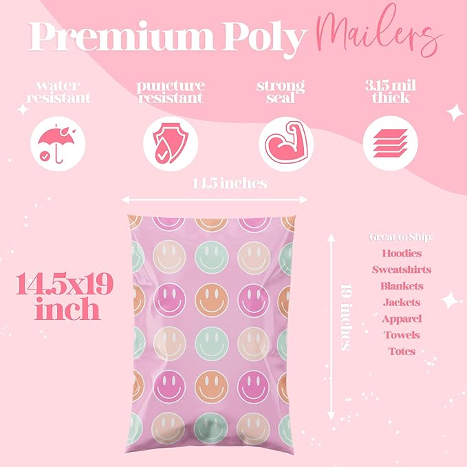 10x13 Designer Poly Mailer 100 Pack Heavy Duty Waterproof Self Seal Shipping Bags for Small Business Large Mailing Envelopes Bulk Tear Resistant Cute Packaging Smiley Face