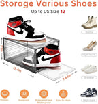 12 Pack Gray Transparent Shoe Storage Organizer, Stackable Shoe Boxes for Closet, Drop Front Plastic Shoe Box with Grey Door, Easy to Assemble, Fit up US Size 12(13.4”x 9.8”x 7.1”)