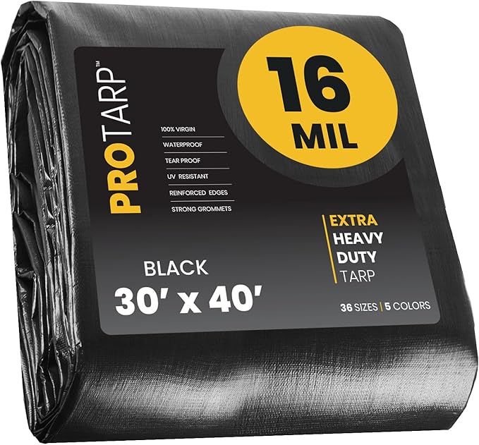 PROTARP Extra Heavy Duty 16 Mil Tarp Cover, Waterproof, UV Resistant, Rip and Tear Proof, Poly Tarpaulin with Reinforced Edges for Roof, Camping, Patio, Pool, Boat. (Black 30′ X 40′)