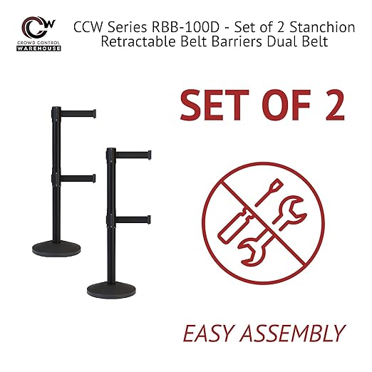 Crowd Control Warehouse CCW Series RBB-100D Set of 2 Stanchion Retractable Belt Barriers - Sloped Base, 11 Foot, Magenta and Yellow Diagonal Dual Belt with Black Post - Easy Assembly