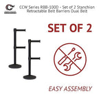 Crowd Control Warehouse CCW Series RBB-100D Set of 2 Stanchion Retractable Belt Barriers - Sloped Base, 11 Foot, Black with Yellow Horizontal Stripe Dual Belt with Black Post - Easy Assembly