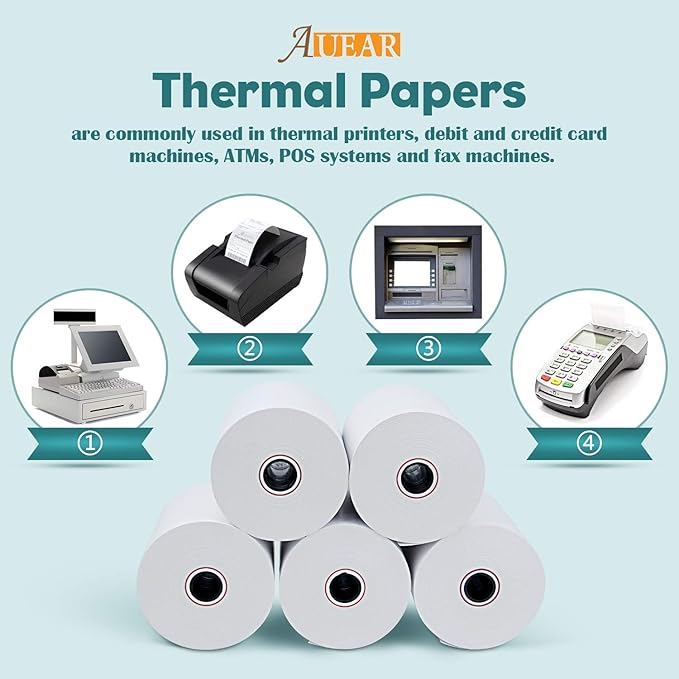 3 1/8" x 230' (30 Rolls) Thermal Receipt Paper, 80mm BPA Free Point of Sale Cash Register Paper for POS System - AUEAR
