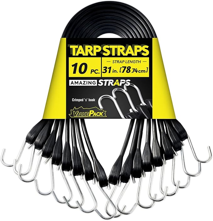 31'' Rubber Bungee Cords Heavy Duty Outdoor with 55.8" Max Stretch & Over 176 lbs Load, 100% EPDM Black Bungee Straps with Crimped S Hooks for Cargo, Tarps, Truck, Motorcycle, Weatherproof (50 Pack)