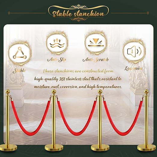 8Pcs Gold Stanchion Post Queue Velvet Ropes and Posts with Soild Base and 4pcs 5 Ft Red Velvet Ropes Carpet Ropes Posts Stanchion Set Crowd Control Barriers for Party Supplies