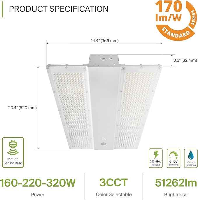 ASD LED Linear High Bay Light Fixture, Commercial Shop Lighting | 3CCT, Dimmable, Power Adjustable, DLC Premium, UL Listed | 320W 51000LM 3500-5000K 200-480V | Warehouse, Garage, Workshop Lamp | White