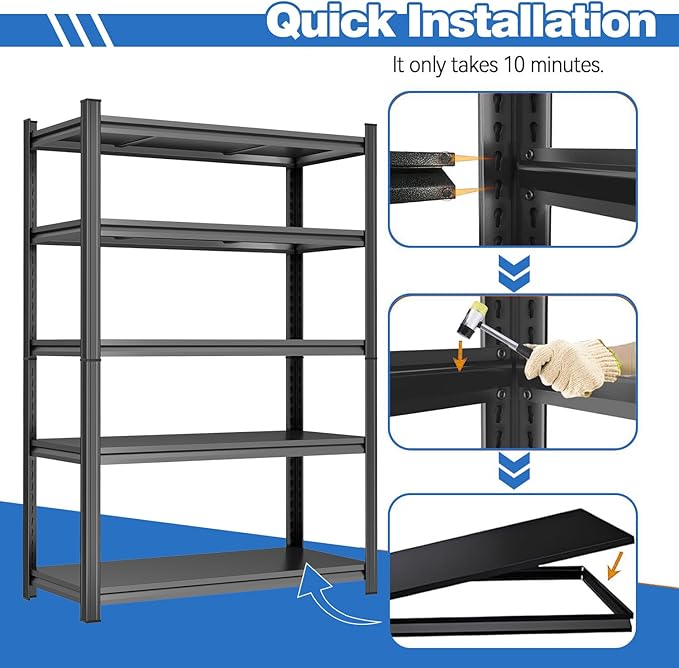 78" H Storage Shelves 5 Tier Metal Shelving Unit 3000LBS Garage Shelving Heavy Duty Storage Rack for Basement, Warehouse, Pantry, Closet, Kitchen 78" H x 39.4" W x 17.7" D, Black
