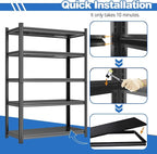78" H Storage Shelves 5 Tier Metal Shelving Unit 3000LBS Garage Shelving Heavy Duty Storage Rack for Basement, Warehouse, Pantry, Closet, Kitchen 78" H x 39.4" W x 17.7" D, Black
