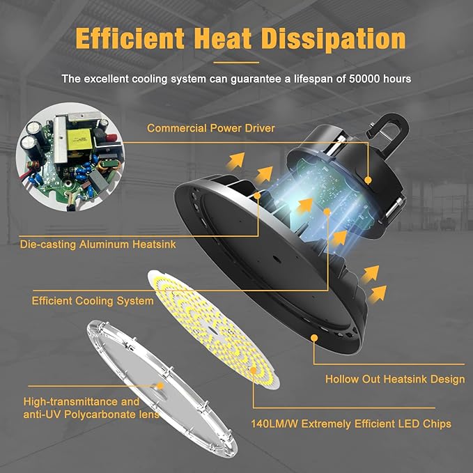 UFO LED High Bay Light 100W 8Pack, High Bay LED Shop Lights 14,000LM Dimmable, 6' Cable with US Plug, Hanging Hook, Safe Rope, High Bay LED Light for Warehouse Factory Barn Shop