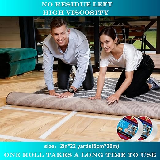 Double Sided Carpet Tape 2 in x 30 yd - Heavy Duty Rug Gripper for Area Rugs on Hardwood, Tile, Concrete Floors, Strong Adhesive Removable Residue Free
