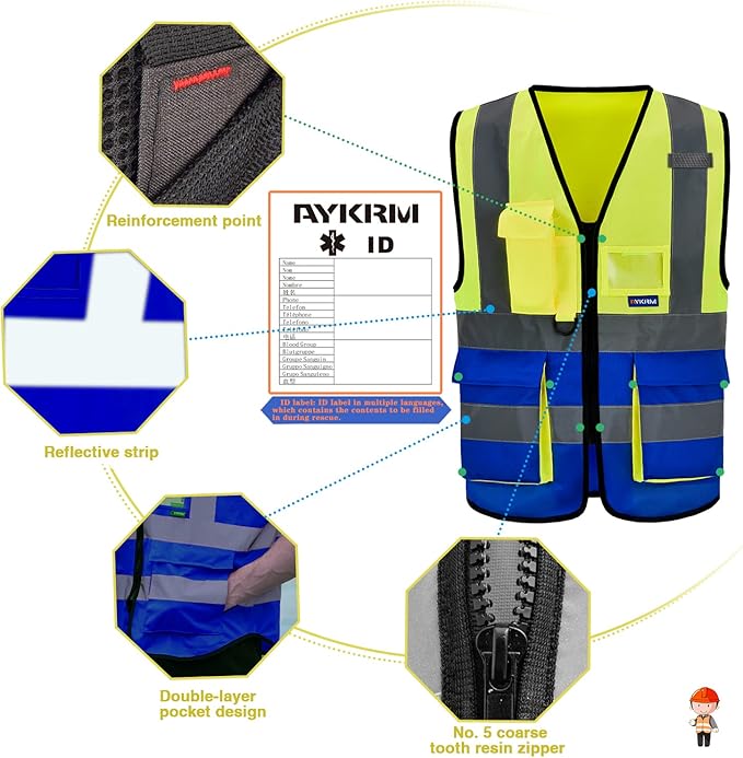 A-SAFETY yellow blue work vest side pocket