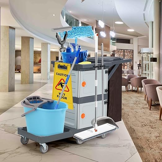Commercial Janitorial Cart with Cabinet, 3-ply Multi-Purpose Engineered Plastic Housekeeping Cart with 30 Gallon Bag Hand Push Utility Cart, 200 lbs Load Capacity